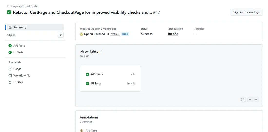 GitHub Actions run page for the Automation Exercise repository showing a successful Playwright Test Suite run on commit 789d413