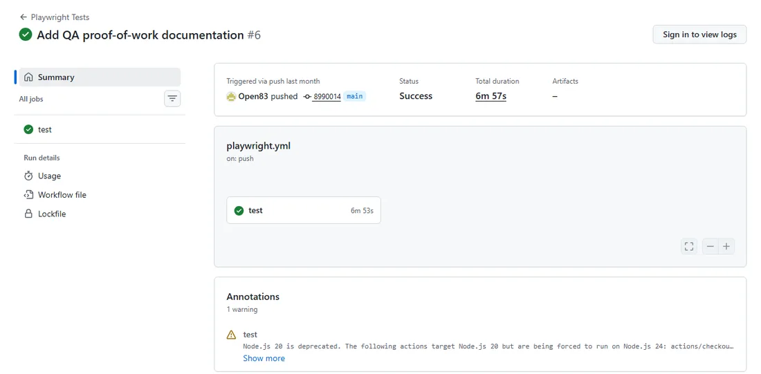 GitHub Actions run page for the ERPNext repository showing a successful Playwright Tests run on commit 8990014