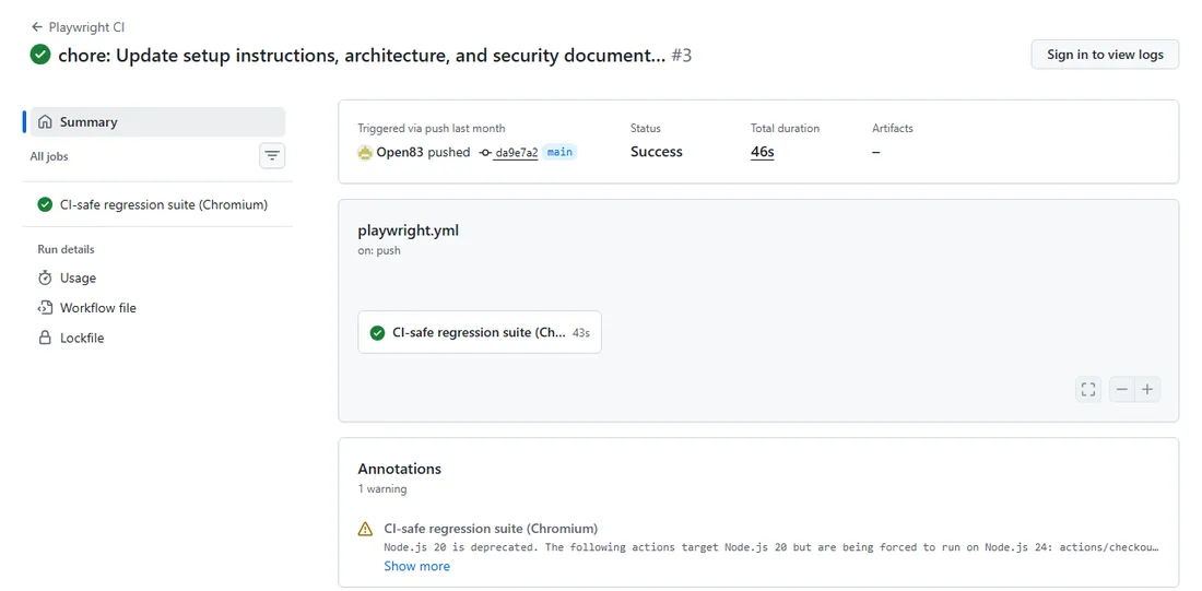GitHub Actions run page for the Razorpay repository showing a successful Playwright CI run on commit da9e7a2