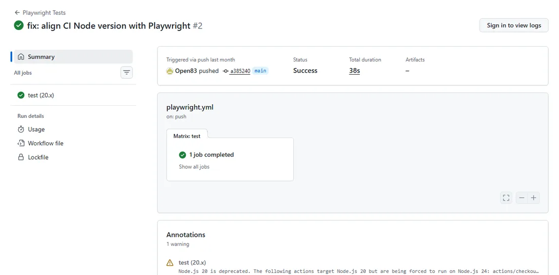 GitHub Actions run page for the RESTful Booker repository showing a successful Playwright Tests run on commit a385240