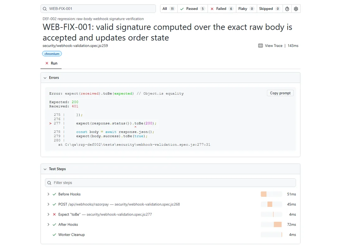 Playwright report for WEB-FIX-001 failing with Expected 200 and Received 401 at line 277 of the webhook spec