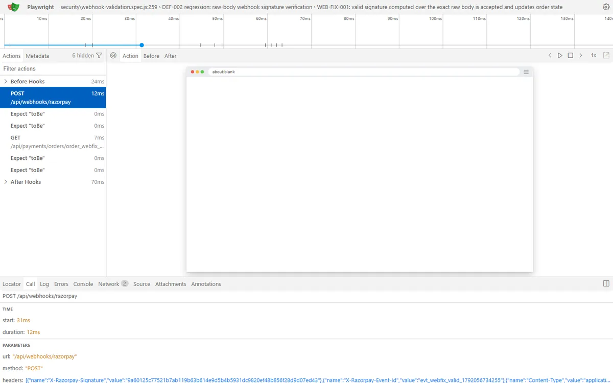 Playwright Trace Viewer for test WEB-FIX-001 showing the POST to /api/webhooks/razorpay, three assertions and a GET of the order, all passing